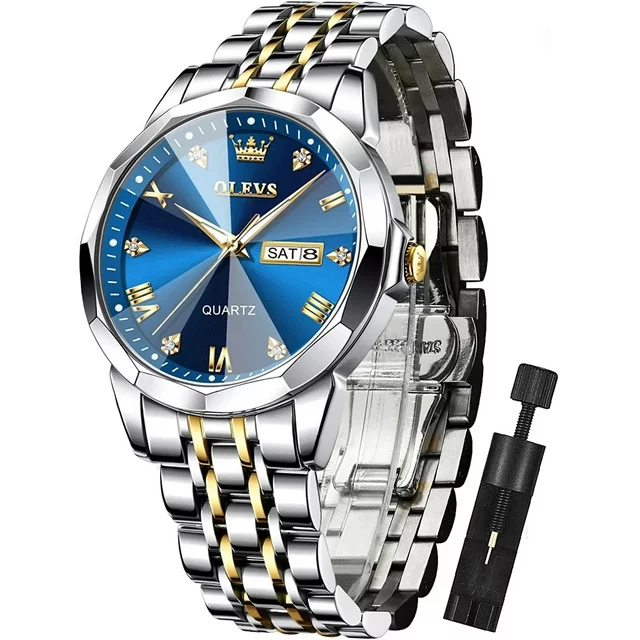 OLEVS Watch for Men Diamond Business Dress Analog Quartz Stainless Steel Waterproof Luminous Date Two Tone Luxury Casual Wrist Watch