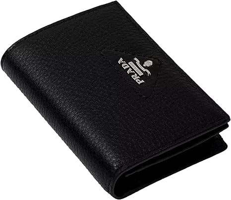 Prada Women's Nero Black Vitello Danio Silver Triangle Logo Small Wallet Zipper Coin Pouch 1MV021