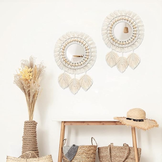 Dremisland Hanging Wall Mirror-Boho Macrame Fringe Round Decorative Mirror with Wood Beads Feather Pendant，Art Ornament for Apartment Home Bedroom Living Room
