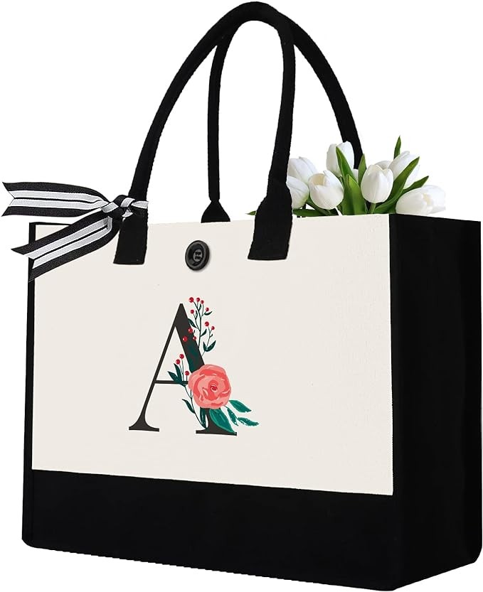 Binggemen Personalized Initial Canvas Tote Bag, Monogrammed Gifts Bag for Wedding,Birthday, Present Beach Bag for Women, Mom, Bridesmaids,Teachers