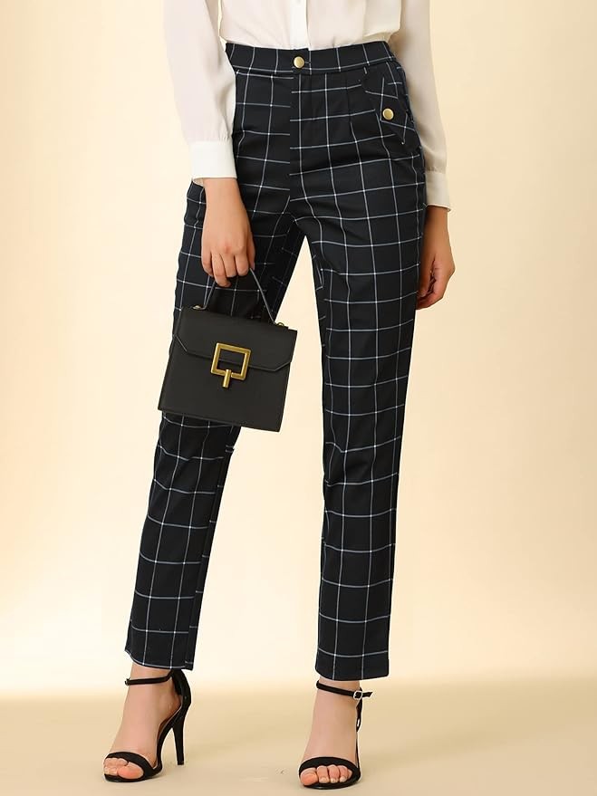 Allegra K Women's Vintage Tartan Plaid Pants Elastic Waist Straight Long Trousers